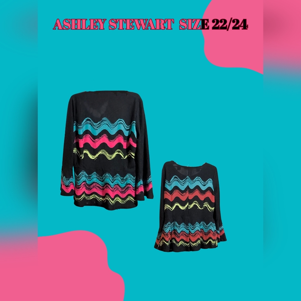 Ashley Stewart Black Sweater with Multicolor Waves